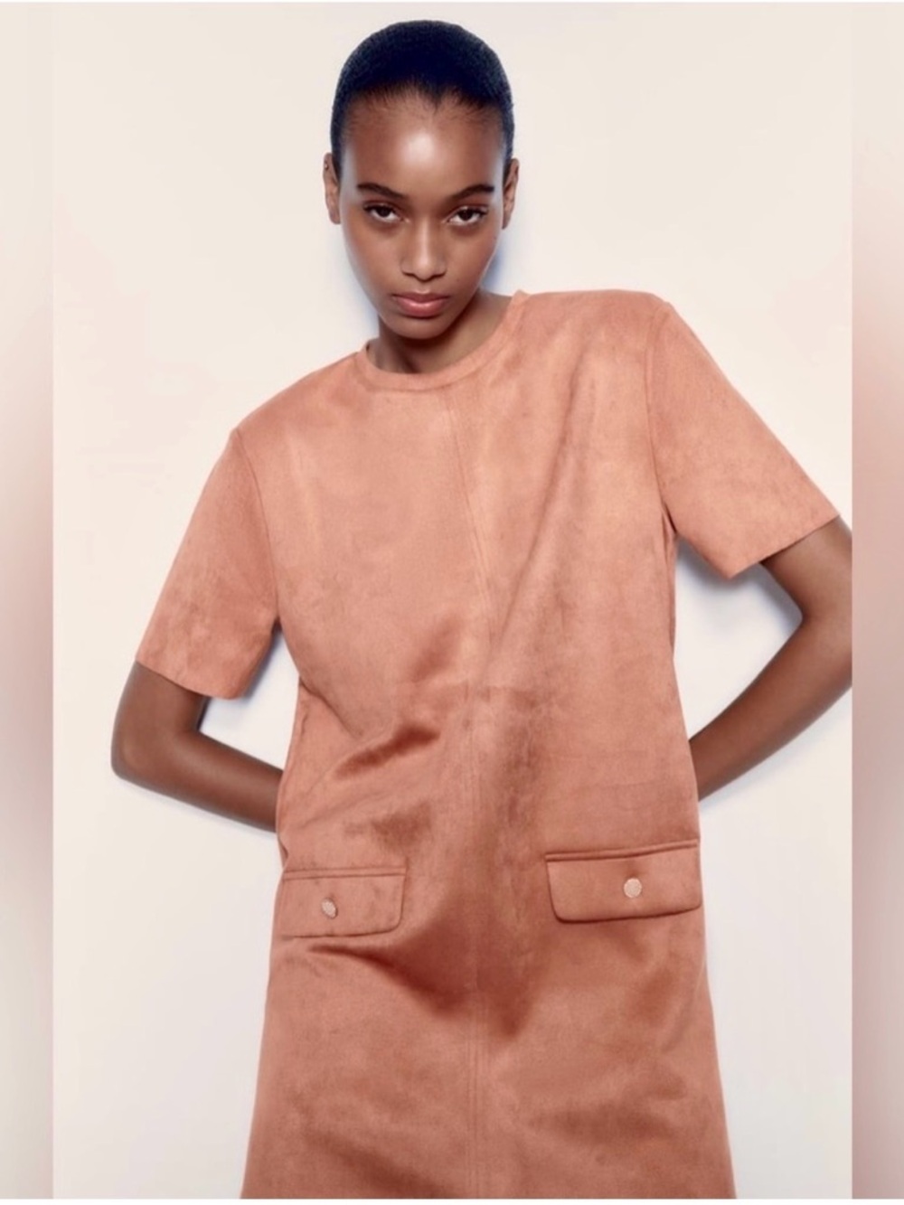 ZARA FAUX SUEDE BASIC DRESS - Dark Pink